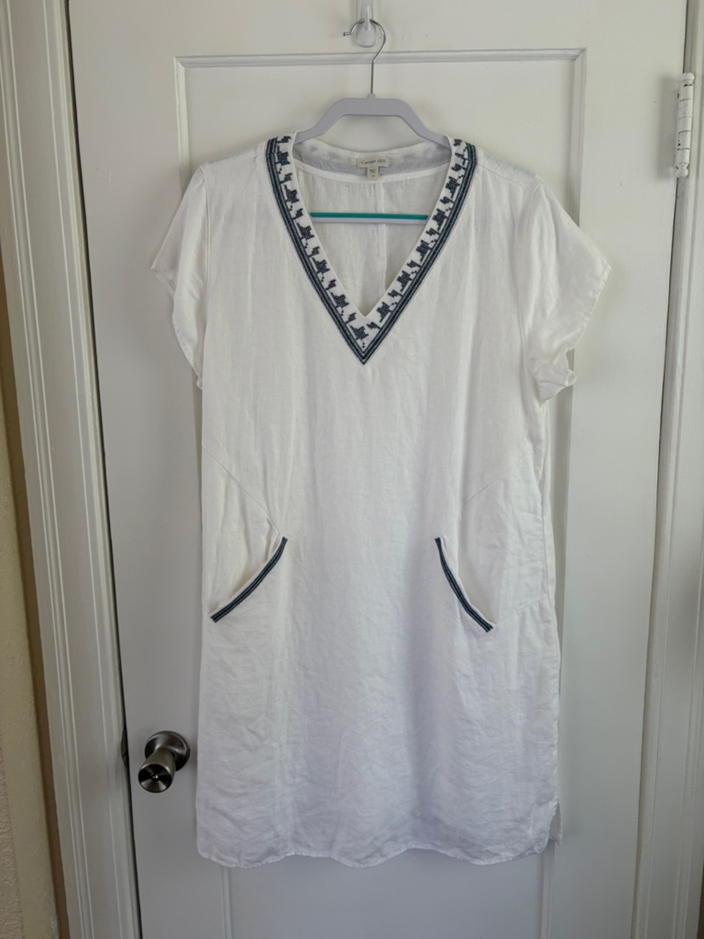 Garnet Hill, white linen midi dress with blue embroidery